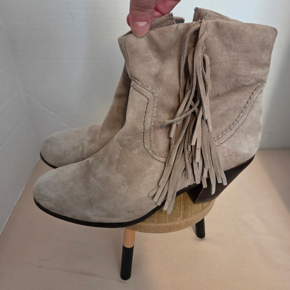 Sam Edelman Louie Taupe Suede Fringe Ankle Boots Womens 9M Western Booties